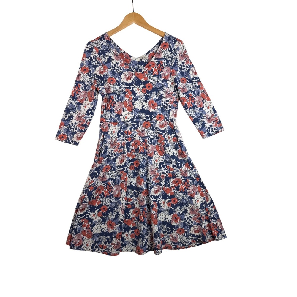 Pact Organic Cotton Floral Print Fit&Flare Half Sleeve Dress size Small Blue/Red
